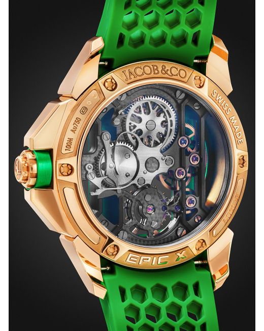 Jacob & Co Green Epic X Limited Edition Hand-wound Skeleton Chronograph 44mm 18-karat Rose Gold And Rubber Watch for men