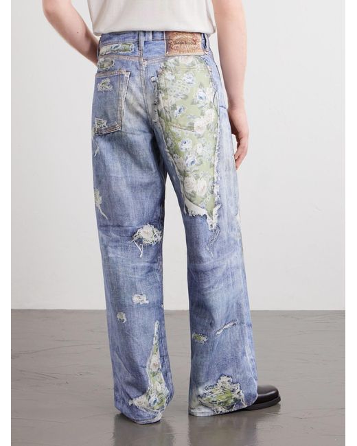 Acne Blue Wide-Leg And Rose-Printed Cotton Jeans for men
