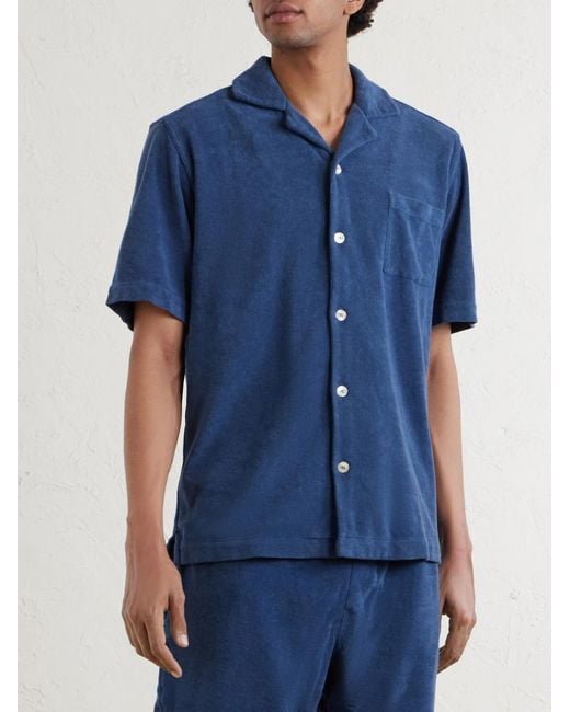 Fedeli Blue Camp-Collar Cotton-Terry Shirt for men