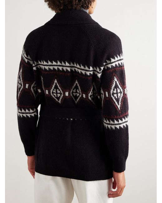 Brunello Cucinelli Black Shawl-Collar Belted Jacquard-Knit Wool, Silk And Cashmere-Blend Cardigan for men