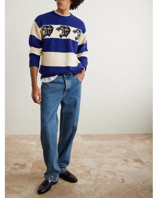 Valentino Garavani Blue Striped Jacquard-Knit Wool Sweater for men