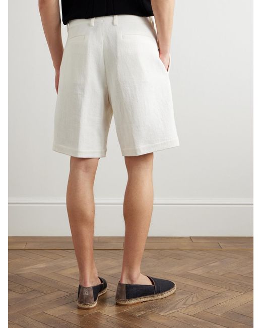 Brunello Cucinelli White Straight-leg Herringbone Cotton And Linen-blend Bermuda Shorts for men