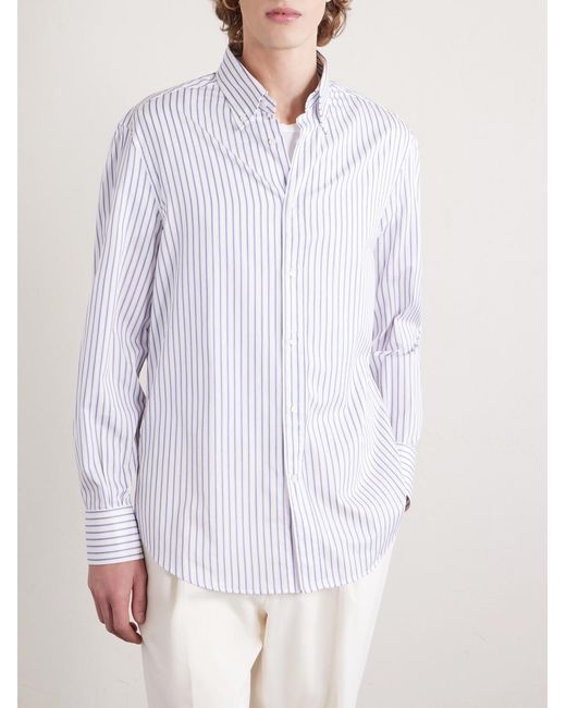 Brunello Cucinelli White Button-Down Collar Striped Cotton-Poplin Shirt for men