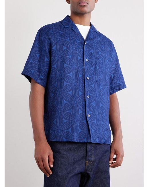 Blue Blue Japan Blue Sakura Camp-Collar-Dyed Floral-Print Linen Shirt for men