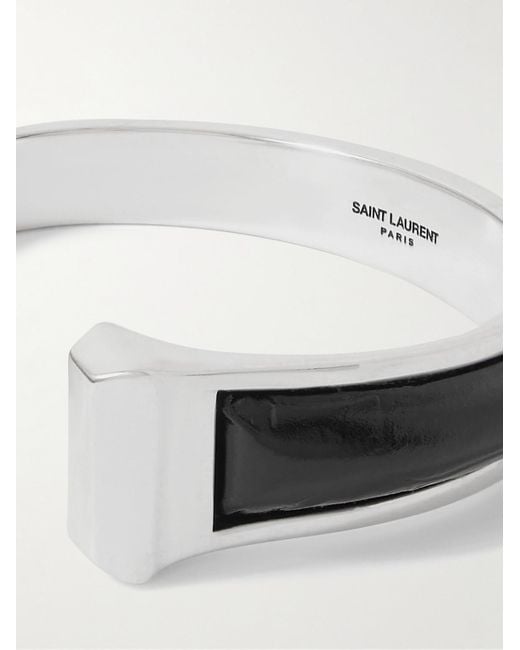 Saint Laurent White Stud Asymmetric Silver-tone And Leather Cuff for men