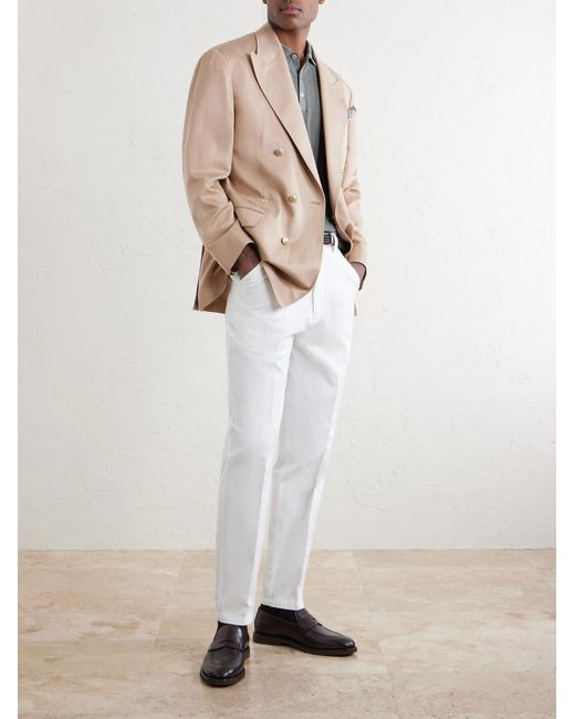 Brunello Cucinelli Natural Double-Breasted Silk And Linen-Blend Twill Blazer for men