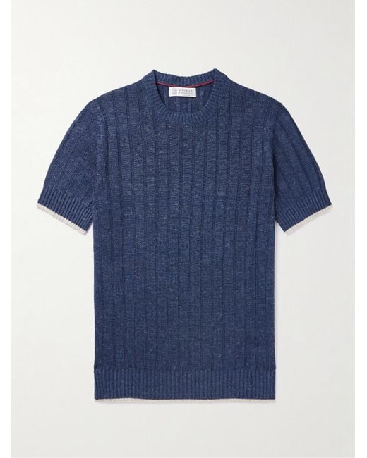 Brunello Cucinelli Blue Contrast-tipped Linen And Cotton-blend T-shirt for men