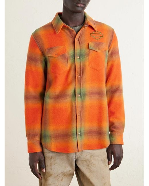 God's True Cashmere Orange Harley-Davidson Logo-Embroidered Checked Cashmere-Flannel Shirt for men