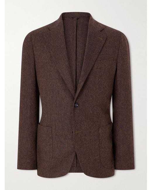 De Petrillo Brown Posillipo Wool And Cashmere-Blend Herringbone Blazer for men