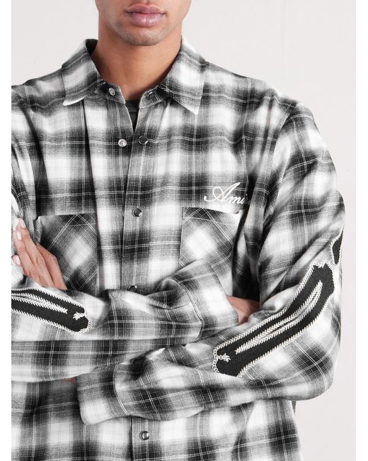 Amiri Black Bones Appliquéd Frayed Checked Cotton-Flannel Overshirt for men