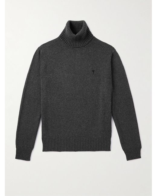 AMI Gray Logo-Embroidered Cashmere And Wool-Blend Rollneck Sweater for men