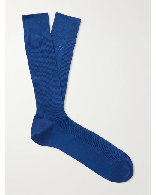 Tom Ford Blue Logo-Embroidered Ribbed Cotton Socks for men
