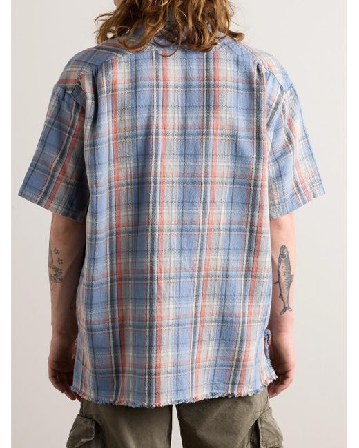 Camicia in flanella di cotone sfrangiata a quadri di Greg Lauren in Blue da Uomo