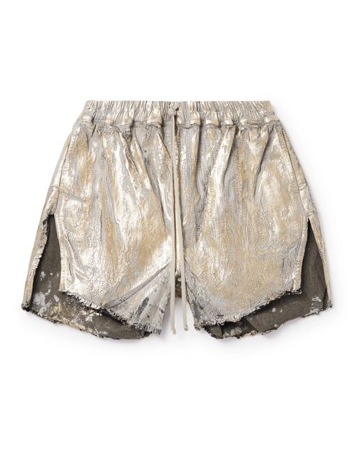Rick Owens Natural Blister Straight-Leg Frayed Metallic Megacrust Stretch-Denim Drawstring Shorts for men