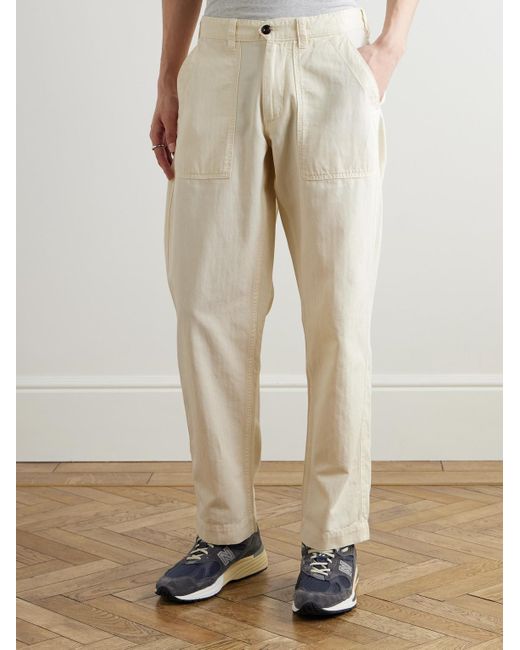 Drake's Natural Tapered Herringbone Cotton And Linen-Blend Twill Trousers for men
