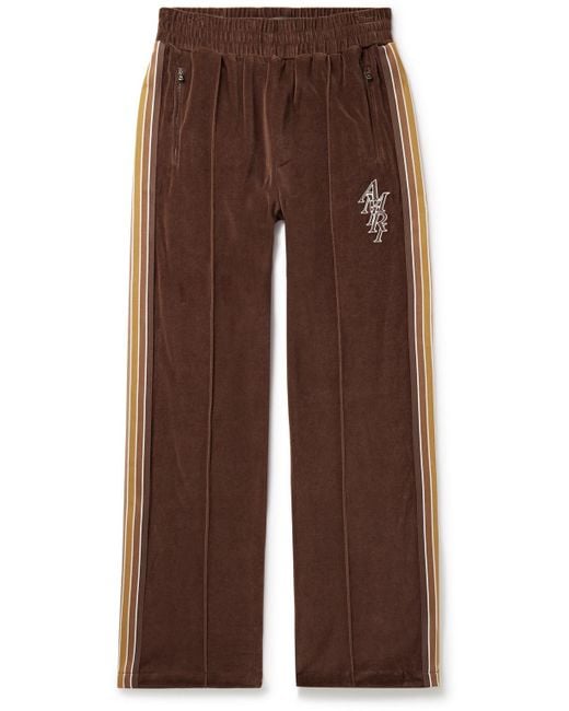 Amiri Brown Stack Straight-leg Striped Logo-embroidered Cotton-velour Track Pants for men