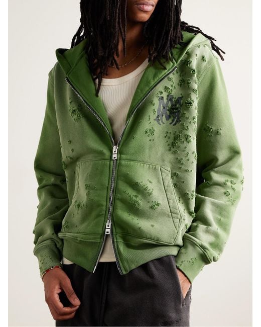 Amiri Green Distressed Logo-print Cotton-jersey Zip-up Hoodie for men