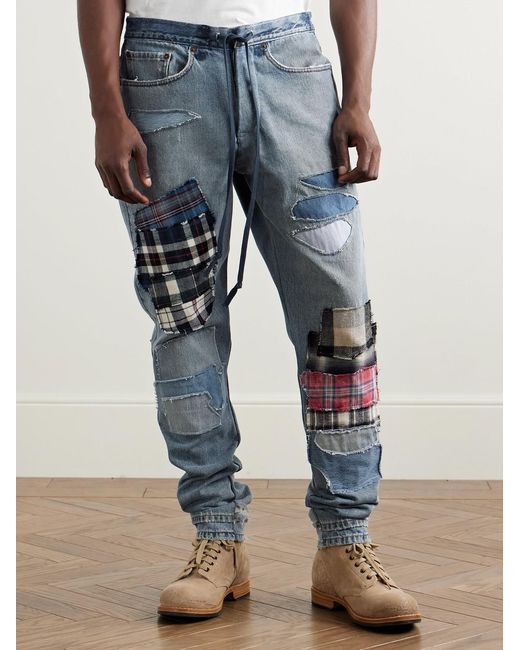 Greg Lauren Blue Slim-Fit Tapered Flannel Patchwork Jeans for men