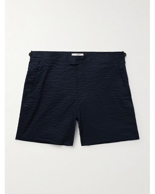 Mr P. Blue Straight-Leg Mid-Length Seersucker Swim Shorts for men