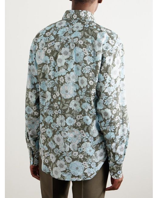 Tom Ford Blue Button-Down Collar Floral-Print Lyocell Shirt for men