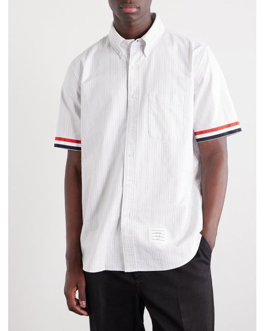 Thom Browne White Logo-Appliquéd Striped Cotton-Oxford Shirt for men