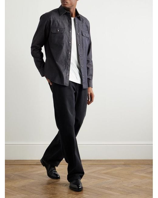 Zegna Blue Slim-Fit Cotton And Linen-Blend Twill Shirt for men