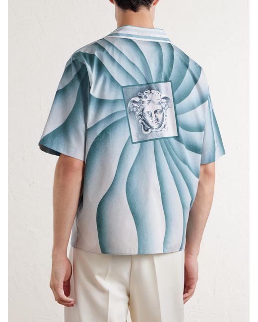 Versace Blue Camp-Collar Cotton-Poplin Shirt for men