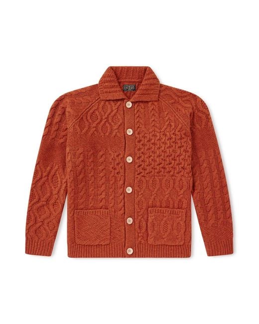 Beams Plus Red Alan Patchwork Cable-Knit Wool Cardigan for men