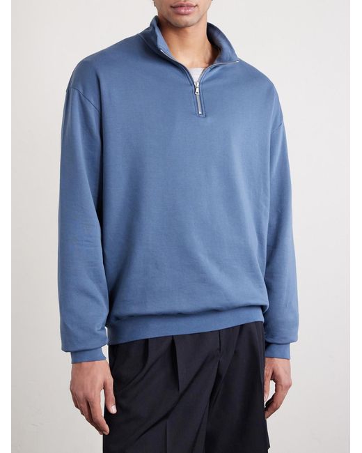 Auralee Blue Cotton Half-Zip Sweatshirt for men