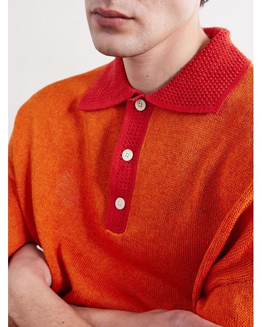 A Kind Of Guise Orange Open-knit Organic Cotton And Linen-blend Polo Shirt for men