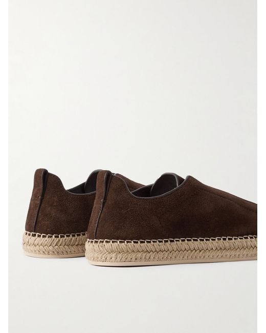 Zegna Brown Triple Stitch Leather-Trimmed Suede Slip-On Sneakers for men