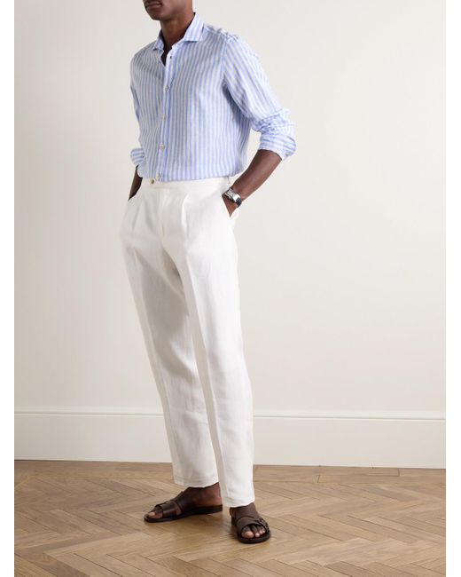 Boglioli Blue Cutaway-collar Striped Linen And Cotton-blend Shirt for men