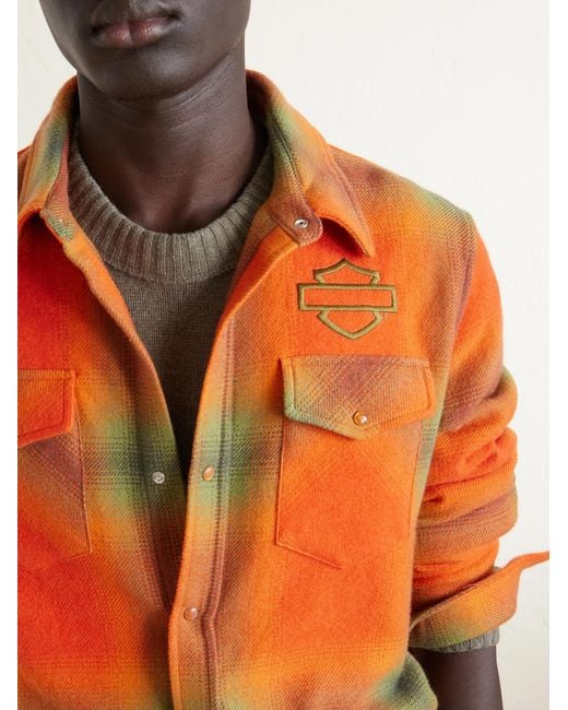 God's True Cashmere Orange Harley-Davidson Logo-Embroidered Checked Cashmere-Flannel Shirt for men