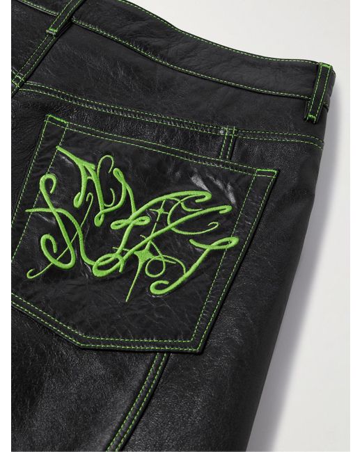 Acne Black Lorgata Wide-Leg Panelled Logo-Embroidered Leather Trousers for men