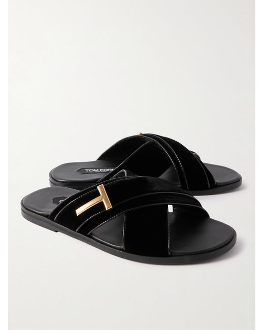 Tom Ford Black Embellished Velvet Sandals for men