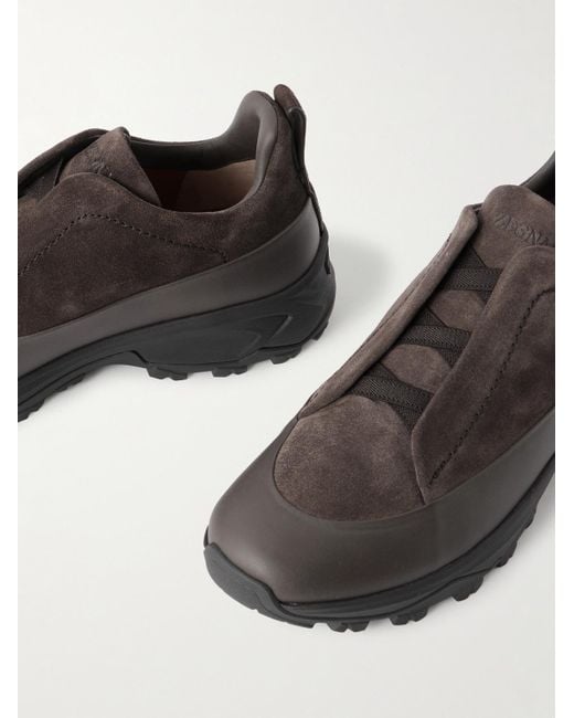 Zegna Brown Triple Stitch Monte Rubber-Trimmed Suede Slip-On Sneakers for men