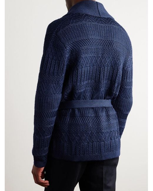 Ralph Lauren Purple Label Blue Shawl-collar Belted Cable-knit Silk And Cotton-blend Cardigan for men
