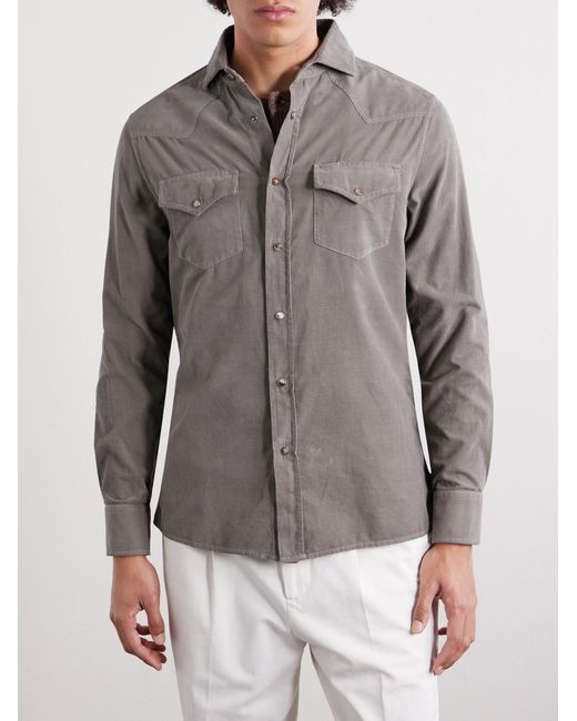 Brunello Cucinelli Gray Cutaway-Collar Cotton-Corduroy Western Shirt for men