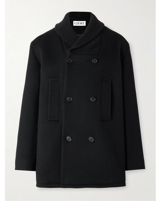 Loewe Black Double-Breasted Shawl-Collar Wool Peacoat for men