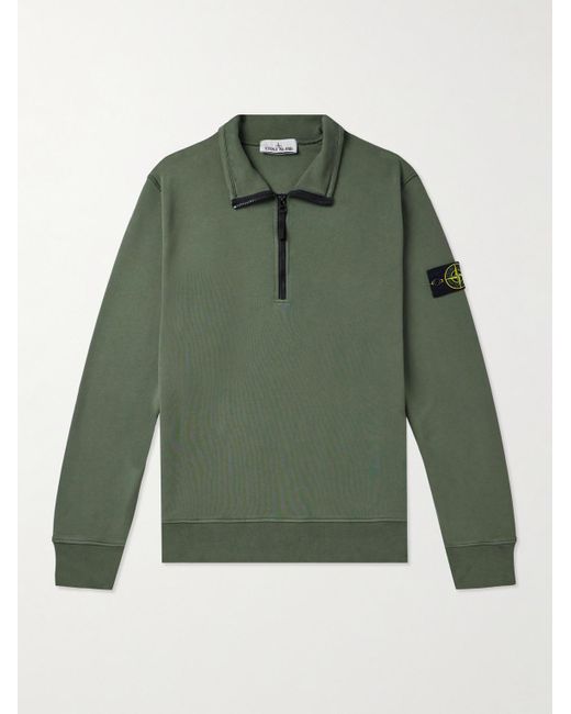 Stone Island Green Logo-appliquéd Garment-dyed Cotton-jersey Half-zip Sweatshirt for men