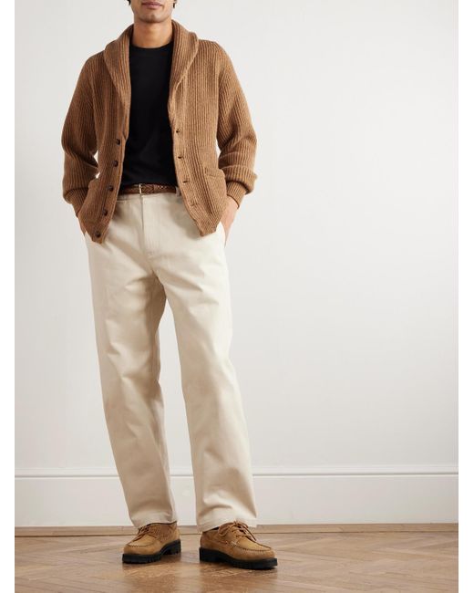 Drake's Brown Slim-fit Shawl-collar Ribbed Wool Cardigan for men