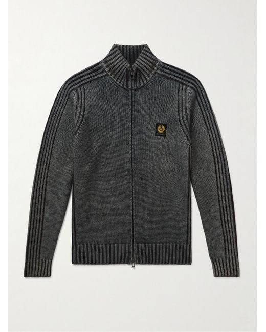 Belstaff Gray Watch Logo-Appliquéd Ribbed Merino Wool Zip-Up Cardigan for men