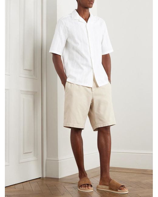 Brunello Cucinelli White Camp-collar Striped Textured-cotton Shirt for men