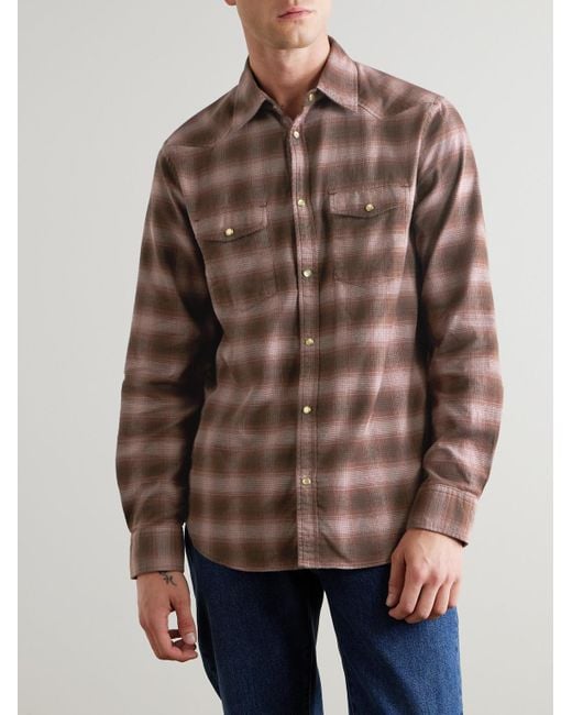 Mr P. Brown Checked Organic Cotton-flannel Western Shirt for men