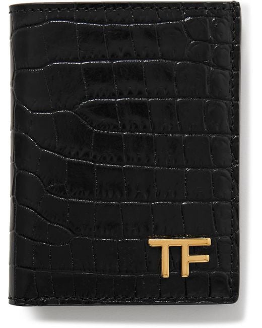 Tom Ford Black Logo-embellished Croc-effect Leather Bifold Cardholder for men
