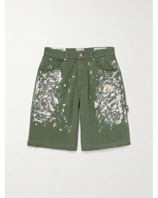 GALLERY DEPT. Green Wide-Leg Paint-Splattered Cotton-Twill Shorts for men