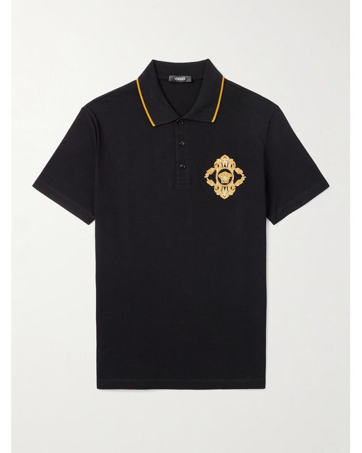 Versace Black Logo-Embroidered Cotton-Piqué Polo Shirt for men