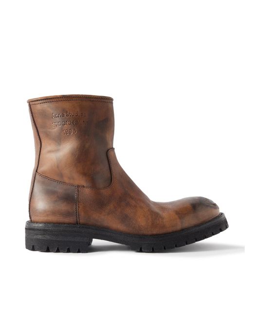 Acne Brown Bork Logo-Embossed Distressed Leather Boots for men