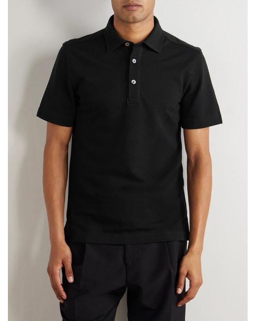 Zegna Black Leather-Trimmed Cotton-Piqué Polo Shirt for men