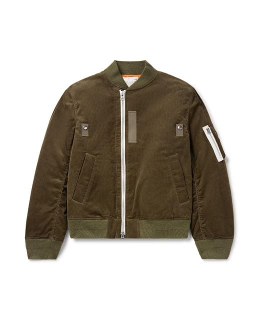 Sacai Green Canvas-Trimmed Cotton-Blend Corduroy Bomber Jacket for men